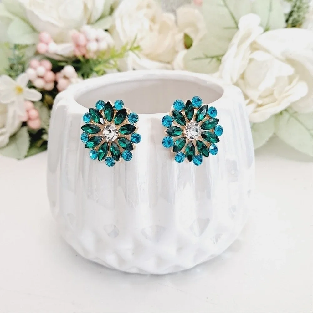 Green Turquoise Rhinestone Cluster Flower Statement Stud Earrings formal prom 💖